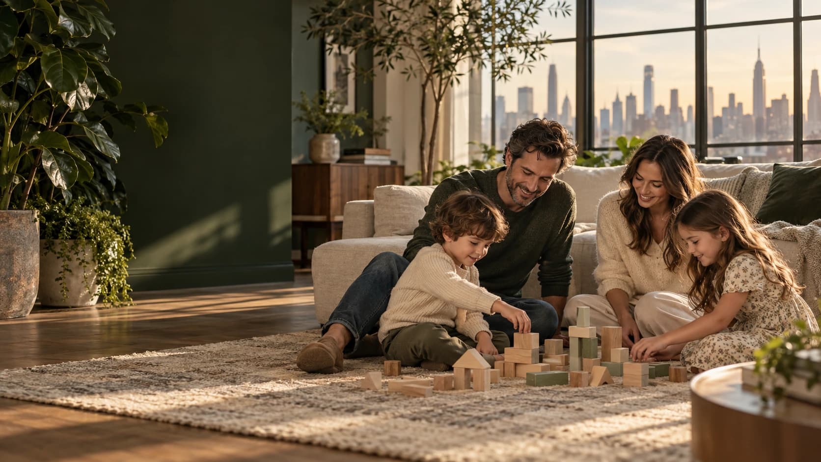 Illustration of a family playing together in a sunlit New York apartment