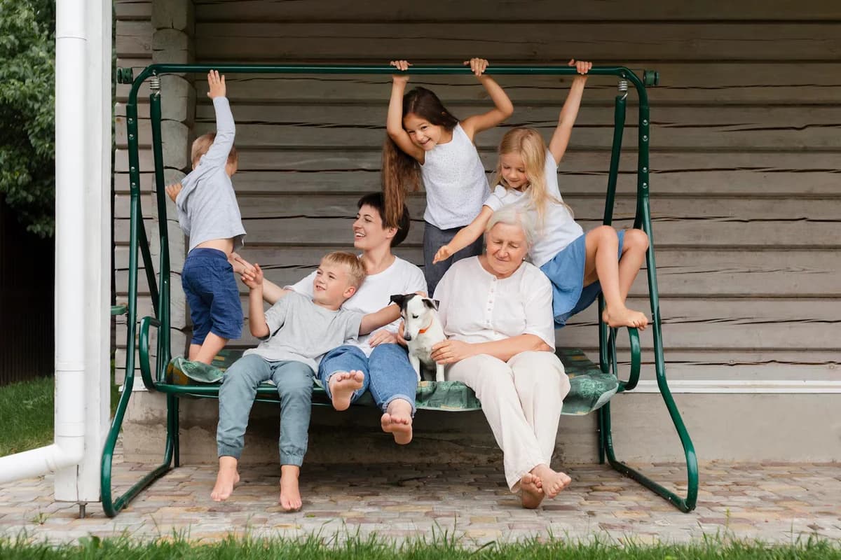 A family spending time together on a garden swing