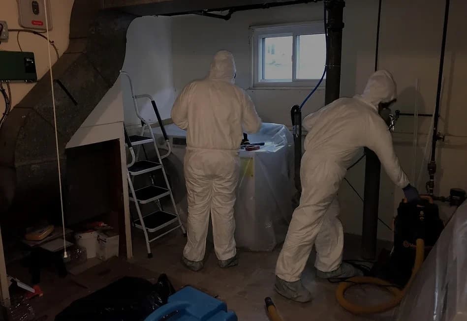 Two workers in white protective suits with field equipment indoors