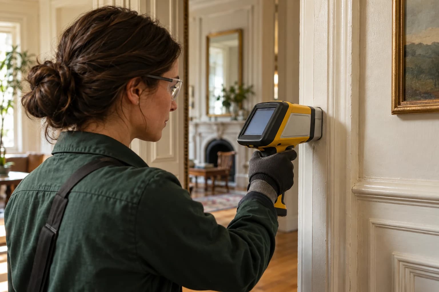 Illustration: A handheld XRF analyzer testing paint on an interior door