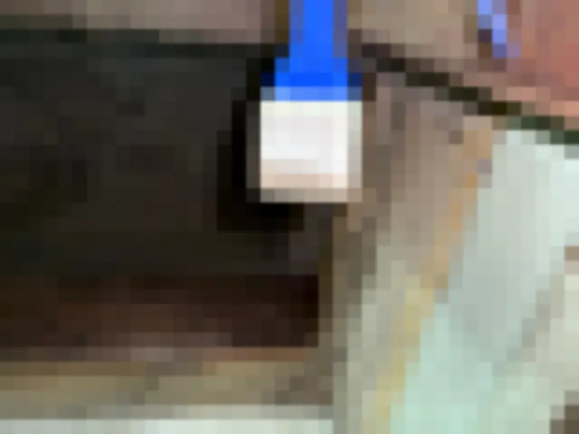 Photograph of gloved hand applies white-bristled brush to lower painted frame or ledge